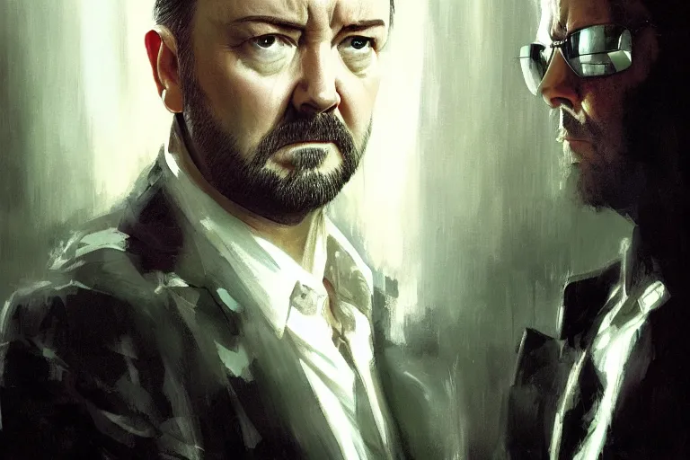 Prompt: closeup portrait of a ricky gervais as a hitman, the matrix, dramatic light, gorgeous view, depth, high detail, digital art, painted by greg rutkowski and seb mckinnon, by tim burton, trending on artstation