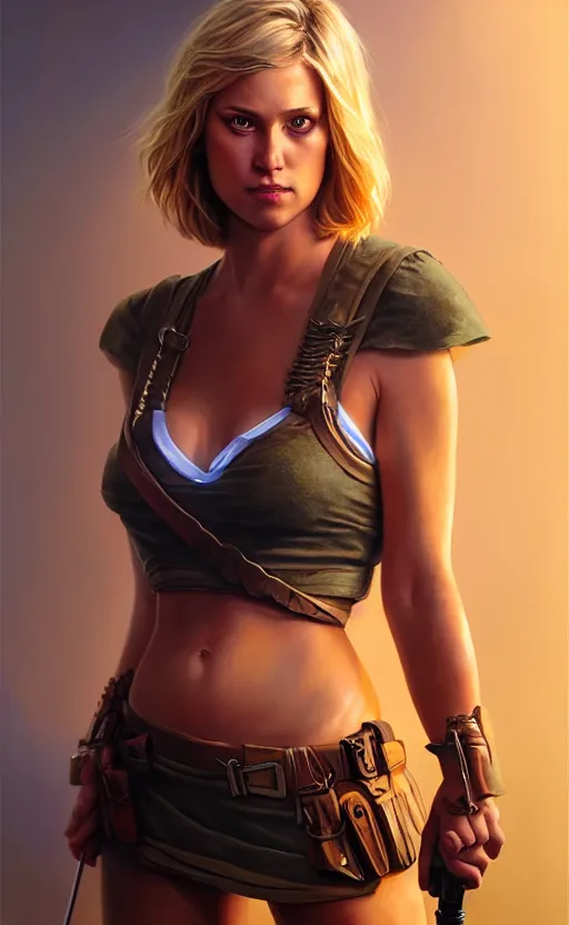 Image similar to full body character art of beautiful female huntress, pretty face, symmetrical features, short blonde hair, by james gurney, volumetric lighting, detailed, oil painting