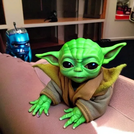 Image similar to baby yoda hanging out with iron man