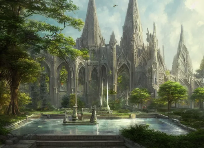 Image similar to A college in a beautiful elven city made of white marble, anime, lush trees, fountain, a fantasy digital painting by Greg Rutkowski and James Gurney, trending on Artstation, highly detailed