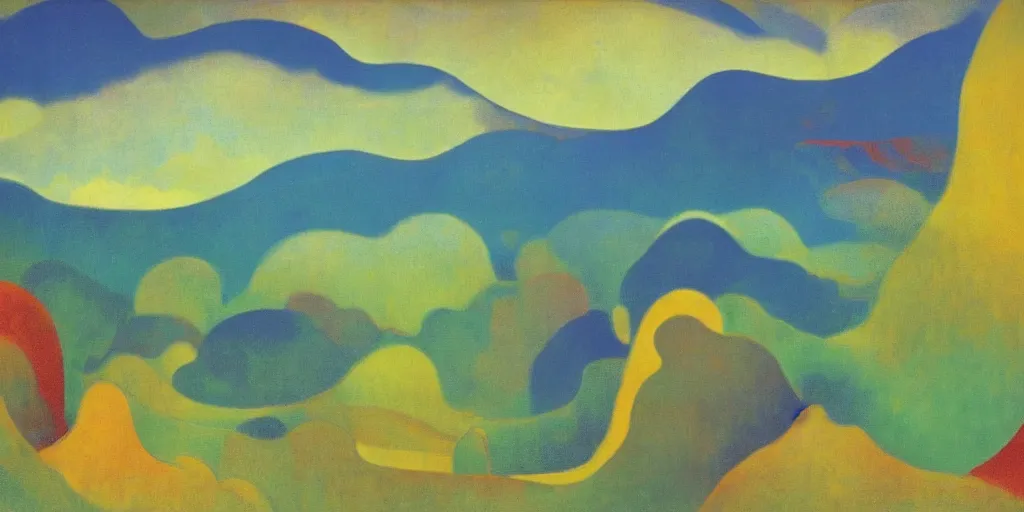 Image similar to An insane, modernist landscape painting. Wild energy patterns rippling in all directions. Curves, organic, zig-zags. Mountains, clouds. Rushing water. Waves. Psychedelic dream world. Odilon Redon. Alex Katz.