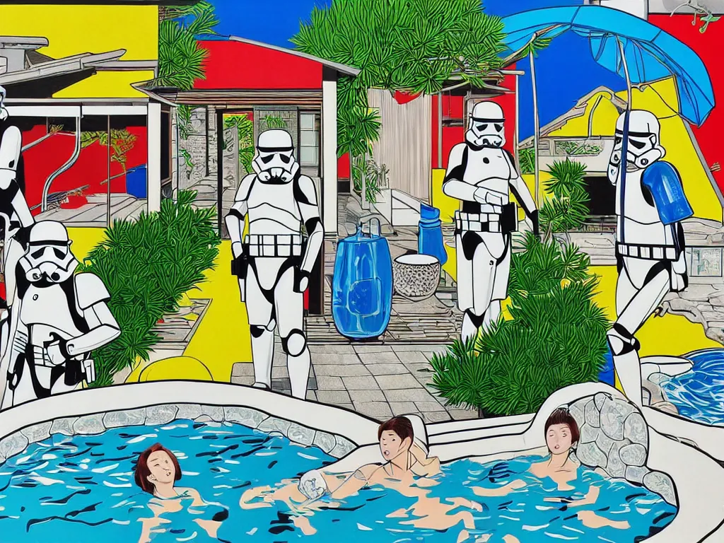 Image similar to hyperrealism composition of the japanese house with a hot springs in the garden, two detailed stormtroopers bathe in a hot spring, pop - art style, jacky tsai style, andy warhol style, roy lichtenstein style, acrylic on canvas