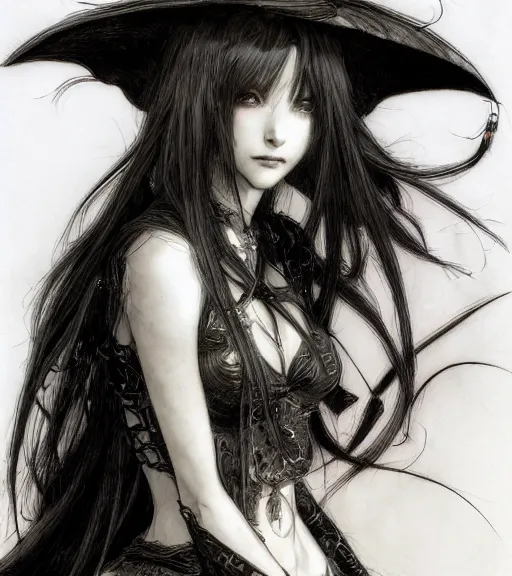 Prompt: portrait of anime succubus with long hair wearing a witch hat, pen and ink, intricate line drawings, by craig mullins, ruan jia, kentaro miura, greg rutkowski, loundraw, yoshitaka amano
