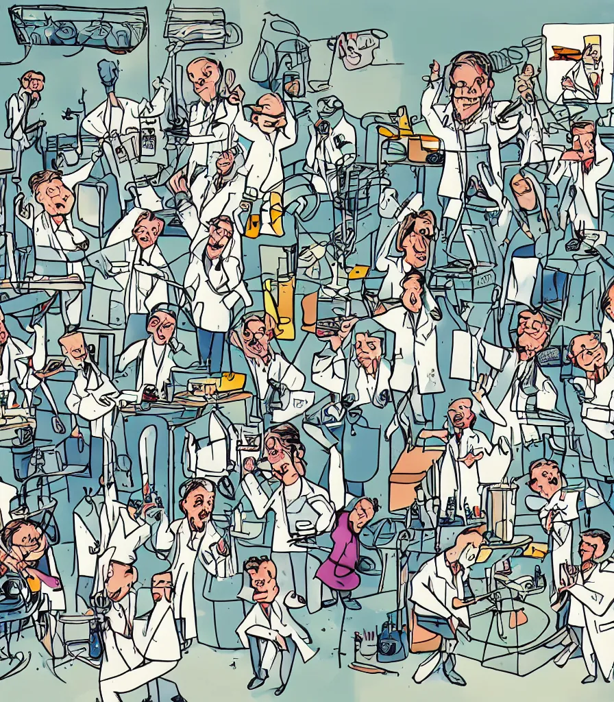 Image similar to a beautiful artwork of scientists throwing a party in a messy laboratory, comic, chaotic, funny drawing