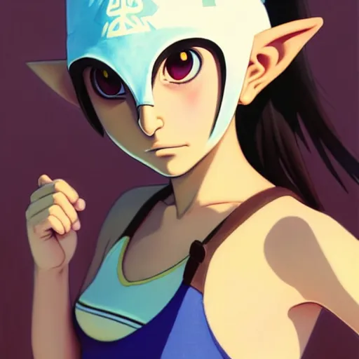 Image similar to beautiful boyish natalie portman gravure model in majora's mask, wearing wooden mask and baseball cap and leotard, street wear with subtle mayan patterns, aztec bathing suit, gapmoe yandere grimdark, trending on pixiv fanbox, painted by greg rutkowski makoto shinkai takashi takeuchi studio ghibli, akihiko yoshida