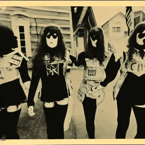 Image similar to Satanic States of America, alternate history, 1970s, girl scouts, goth girl scouts, Satanic girl scouts, black clothing, occult ritual, 1977, 16mm photograph