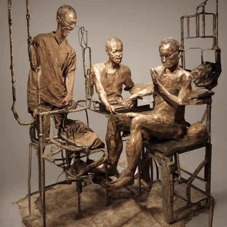 Image similar to hyperrealistic sculpture of a fossilized bronze chinese prisoner on an operating table in a cage on a pedestal, surrounded by surgeons, by duane hanson and lee bontecou and giacometti, patina, hyperrealistic dramatic colored lighting trending on artstation 8 k