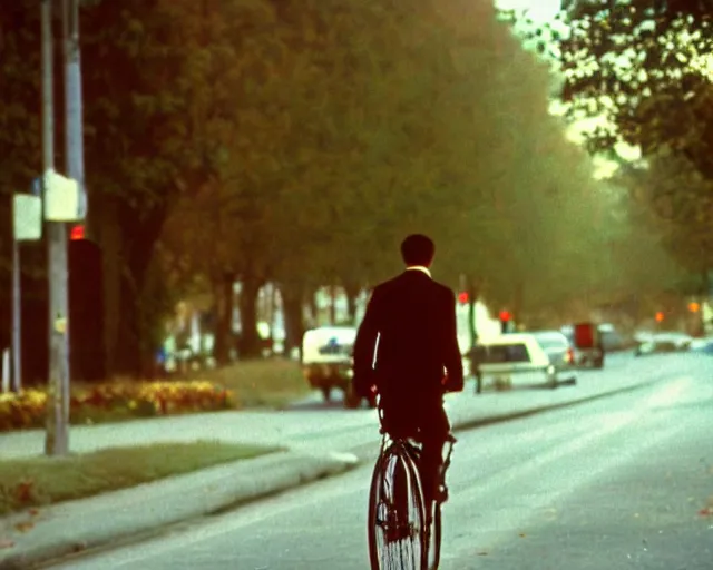 Image similar to a lomographic photo of a priest on bicycle, year 1 9 7 0, cinestill, bokeh, perfect light, high details, symetry, perfect high quality