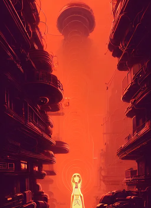 Image similar to highly detailed portrait of sci - fi long curly fire hair lady, stray wiring by atey ghailan, james gilleard, by joe fenton, by greg rutkowski, by greg tocchini, by kaethe butcher, 4 k resolution, gradient red, orange, black and white color scheme!!! ( ( flaming robotic dystopian city spiral background ) )