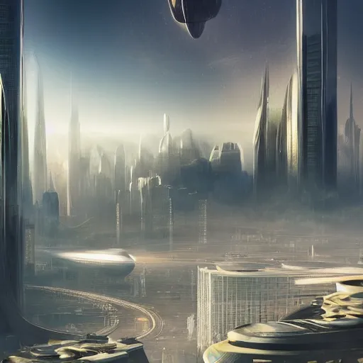 Prompt: The futuristic sci-fi city has tall brutalist architecture buildings, two giant spaceships are combating and floating over the city, the background has a detailed heavenly lit exterior with iridescent light, matte painting, concept art, dramatic lighting, golden hour, 4k, 8k, trending on Artstation, realistic