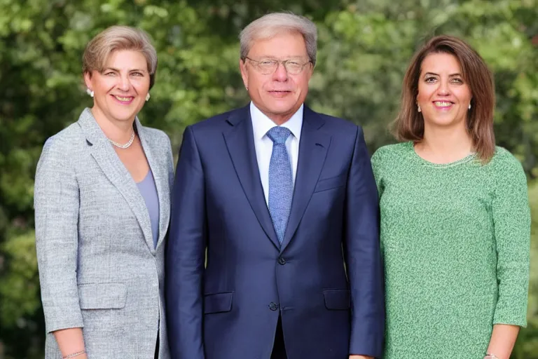 Image similar to full body official photo portrait of a prime minister and his two girlfriends