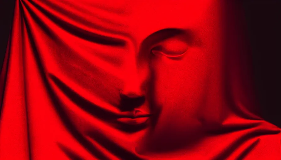 Image similar to portrait photograph of enigmatic figure wrapped in red sheet in darkness, high contrast, hard light, digital art, rendering, cloth simulation, redshift