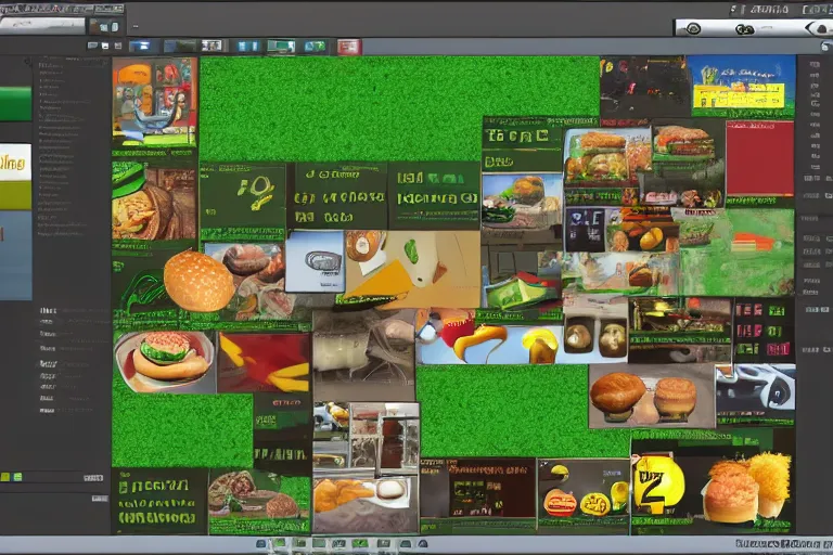 Image similar to hamburger themed gnu / linux desktop environment, linux mint, in 1 9 9 5, y 2 k cybercore, desktop screenshot