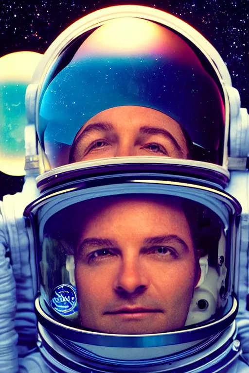 Prompt: studio portrait of space astronaut, holds iphone up to visor, reflection of iphone in visor, moon, alien, extreme close shot, soft light, award winning photo by david lachapelle