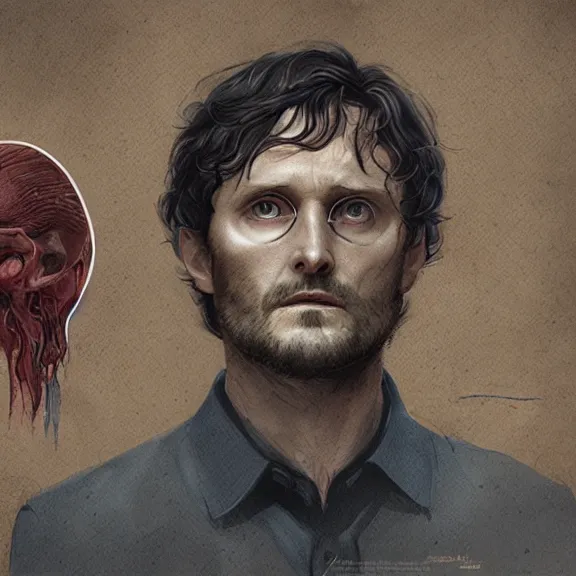 Image similar to will graham, hannibal, red, dark, golden ratio, environment, hyper detail, concept artbook