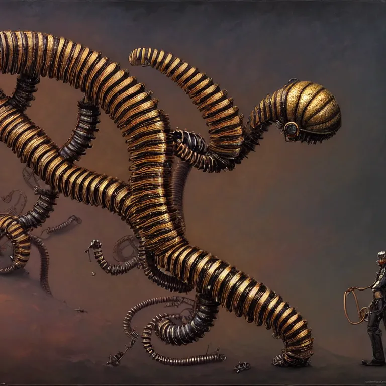 Image similar to steampunk robot millipede, unreal engine realistic render, 8 k, micro detail, intricate, elegant, highly detailed, centered, digital painting, artstation, smooth, sharp focus, illustration, artgerm, tomasz alen kopera, peter mohrbacher, donato giancola, joseph christian leyendecker, wlop, boris vallejo