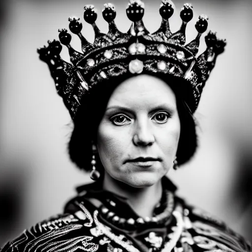 Prompt: portrait photograph of a very beautiful Scandinavian queen with ornate cloak, bokeh, graflex camera, macro 15mm