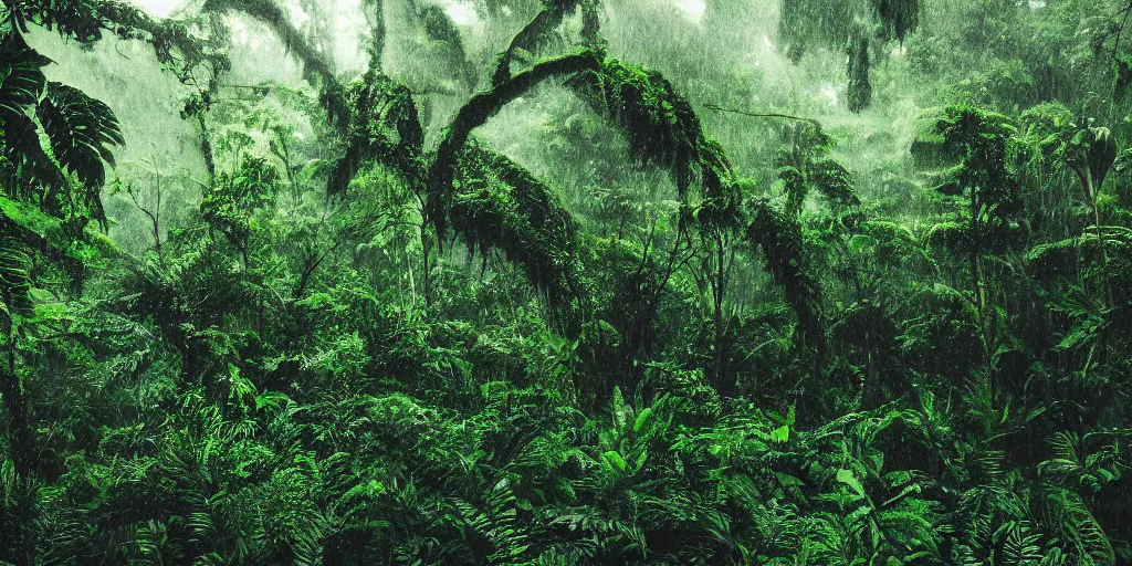 Prompt: analog photo of a lush green rainforest, it’s raining and storming