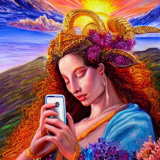 Prompt: a ram goddess checking her cell phone, erupting volcano and sunset in distance in background, flowers in foreground by senior concept artist josephine wall, zodiac, fantasy, acrylic on canvas, intricately detailed, highly detailed, high resolution, hd, 8 k, wallpaper, trending on artstation,