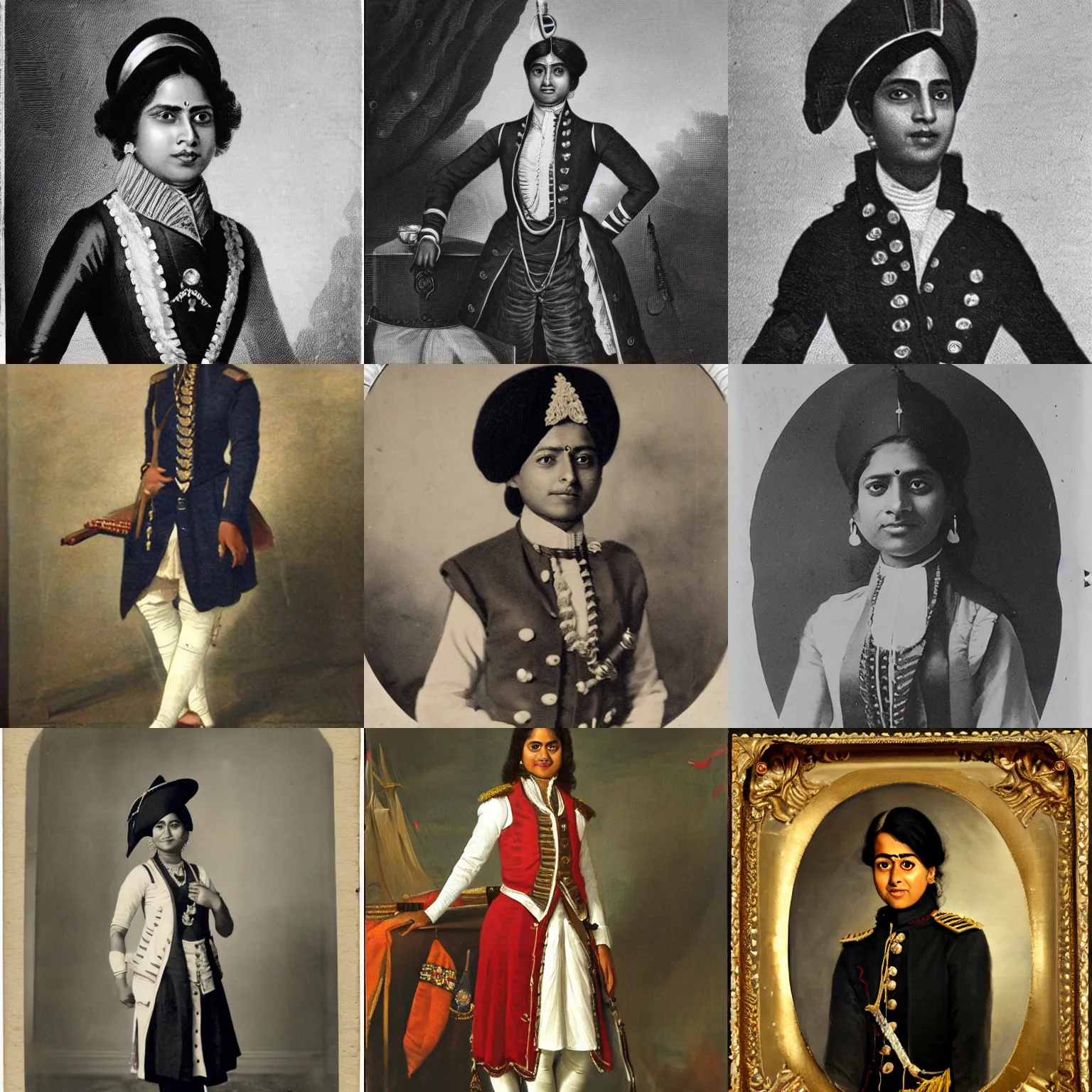 Prompt: A photo of a young Indian woman admiral in the Royal Navy, wearing an 18th century waistcoat, breeches and a tricorn hat