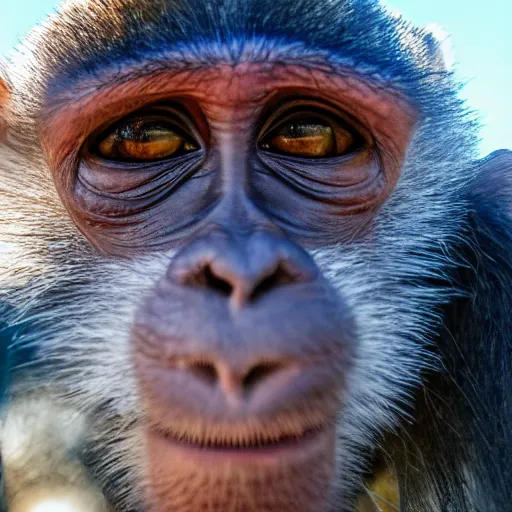 Image similar to A high-quality photo of a monkey taking a selfie in front of a cage of humans on a sunny day