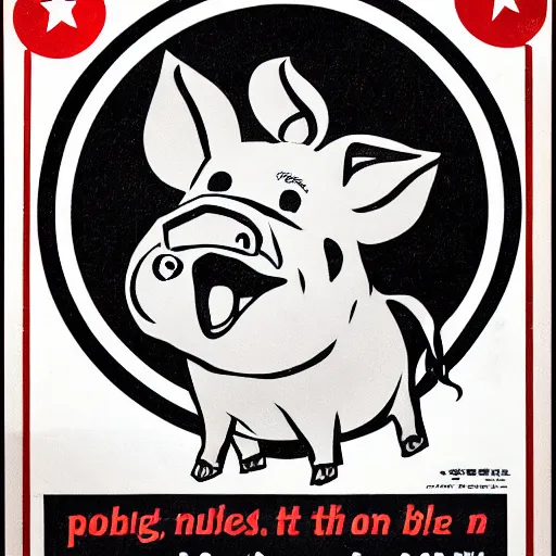 Image similar to propaganda poster with a cartoon pig as the centerpiece