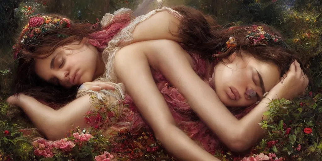 Image similar to Mila Kunis falling asleep, Lilia Alvarado, Sophie Anderson, Mark Arian, Bob Byerley, Charlie Bowater, Mark Brooks, Steve Henderson, Justin Gerard, Arthur Hughes, Edward Robert Hughes, Mark Keathley, Victor Nizovtsev, Carlos Shwabe, Ross Tran, WLOP