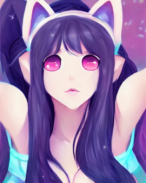 Image similar to catgirl goddess anime girl with cat ears. Full body portrait, smooth skin, symmetrical face, beautiful body, in the style of wlop, Rossdraws