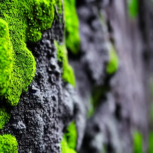 Prompt: rock wall covered with moss. dew droplets forming the shape of a dachshund. macro photography