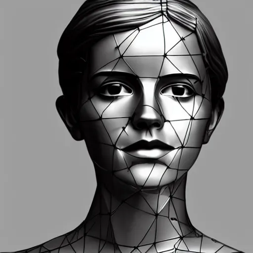 Prompt: emma watson, statue, chrome, reflect, wireframe, photograph