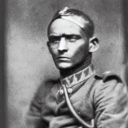 Image similar to World War 1 soldier with shellshocked expression, close-up, photograph