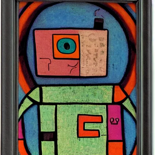 Prompt: a robot reading a book by paul klee