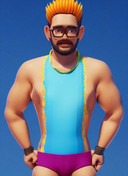 Prompt: 3 2 - year - old sporty man, short stubble, wearing tropical shirt and speedo, character design, octane render, 8 k, portrait