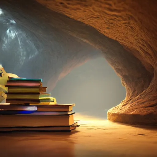 Prompt: books cave, 3 d render, incredible details, highly detailed, photorealistic, disney pixar, smooth, octane render, iridescent, 8 k