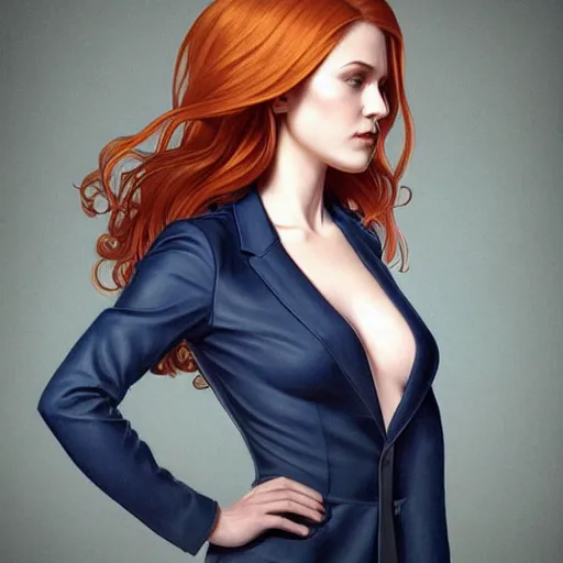 Prompt: full figure ultra realistic illustration, evan rachel wood wearing a navy blue pantsuit, auburn hair, intricate, elegant, highly detailed, digital painting, artstation, concept art, smooth, sharp focus, illustration, art by artgerm and greg rutkowski and alphonse mucha