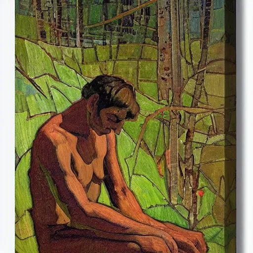 Prompt: by tom thomson, by louis rhead straight surrealism. a art installation of a man with a large head, sitting in a meditative pose. his eyes are closed & he has a serene look on his face. his body is made up of colorful geometric shapes & patterns that twist & turn in different directions.