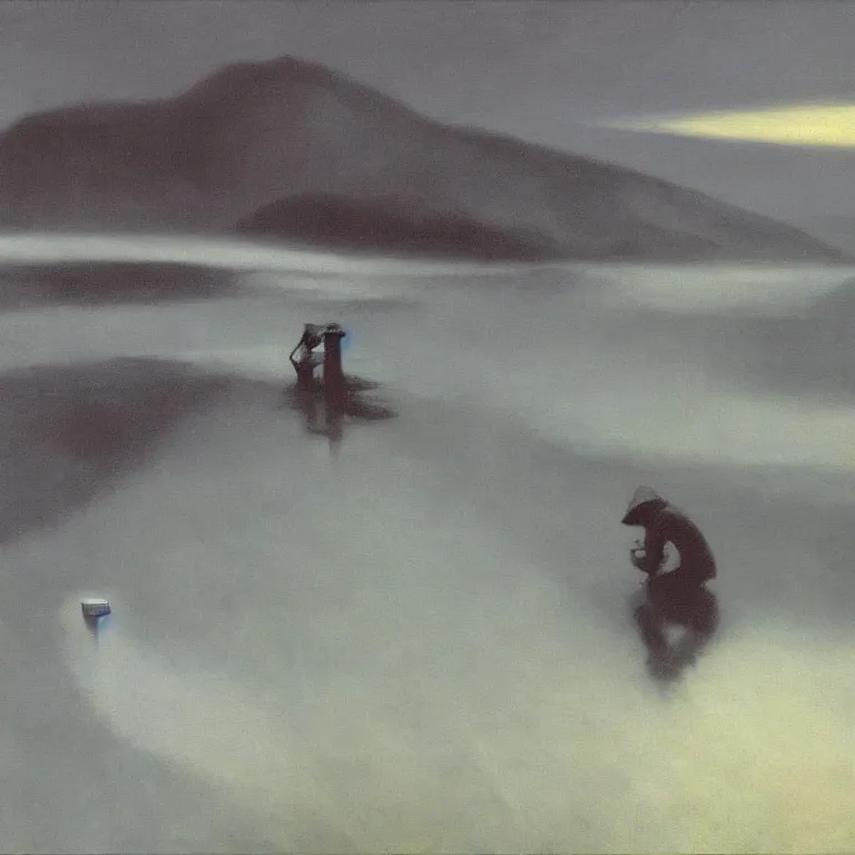 Image similar to skeleton submerged in milk, fog, early morning, , painted by Edward Hopper, painted by Wayne Barlow, airbrush