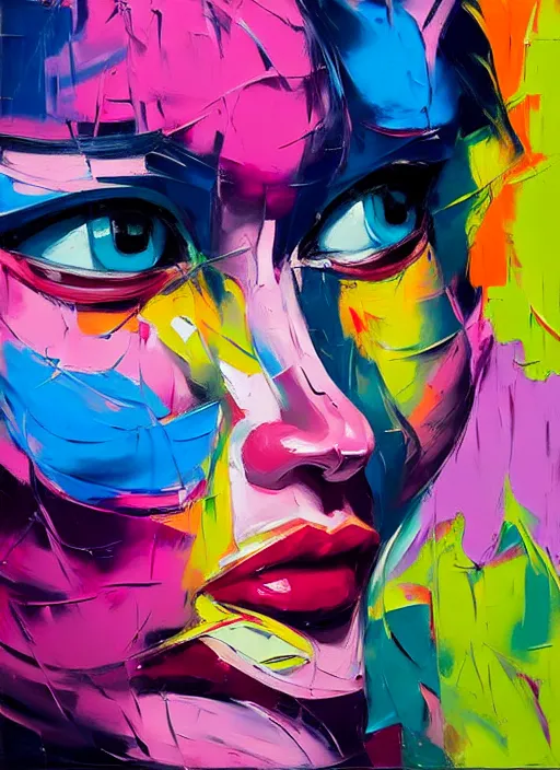Prompt: an expressive oil portrait painting of a woman's face by francoise nielly. detailed paint strokes. aesthetically pleasing bold colors.