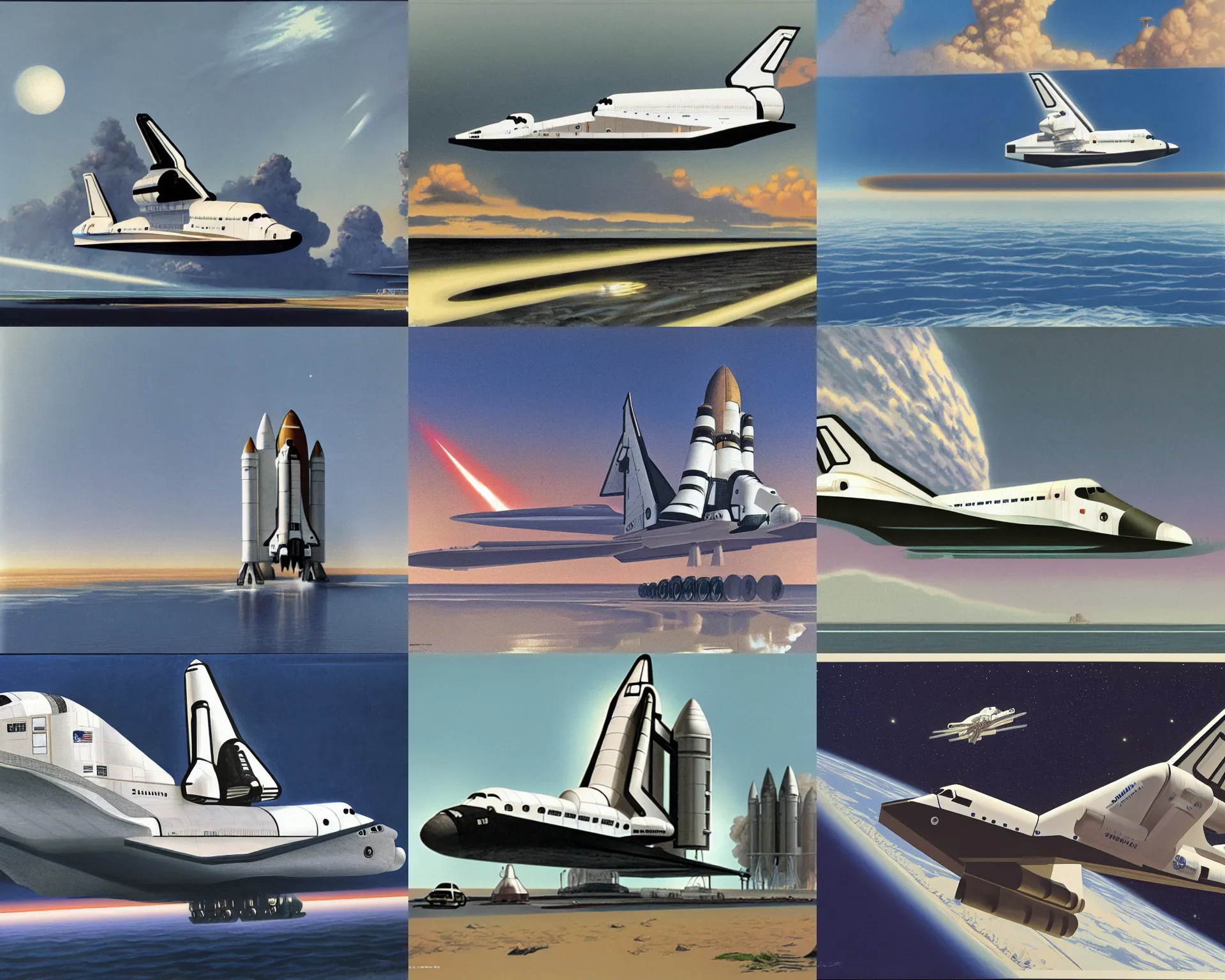 Prompt: the space shuttle atlantis landing at cape canaveral in florida, star wars production art by ralph mcquarrie, 1 9 7 7