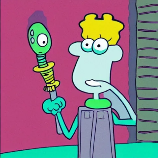 Image similar to squidward with hair, from spongebob squarepants holding a hammer, intricate abstract, cartoon by stephen hillenburg