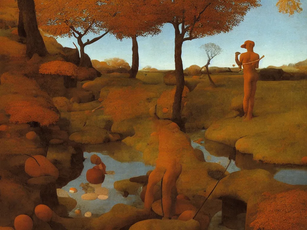 Prompt: Portrait of a painter washing his brush in a river. Humanoid rocks, coral-like pebbles, autumn light. Painting by Jan van Eyck, Roger Dean, Beksinski, Piero della Francesca