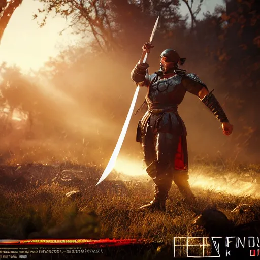 Image similar to sword fighter on battlefield 8 k, ultra realistic, lens flare, atmosphere, glow, detailed, intricate, full of colour, cinematic lighting, trending on artstation, 4 k, hyperrealistic, focused, extreme details, unreal engine 5, cinematic, masterpiece