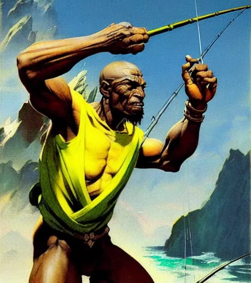 Image similar to magic : the gathering fantasy character concept art by frank frazetta and marco bucci, high resolution. a clear portrait of a 3 0 - year old athletic male jamaican, fisherman, wearing yellow green black calico clothing, magical fishing rod weapon, jamaican ocean flowing in the background, symmetry, fantasy coloring, intricate, 8 k, digital painting, artstation, smooth, sharp focus