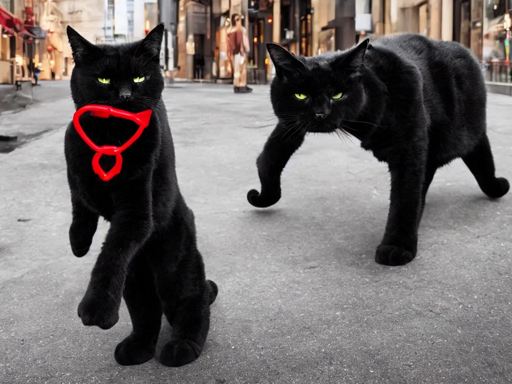 Prompt: a big black robotic cat with red accents, walking the streets of a city, detailed, hyperrealistic