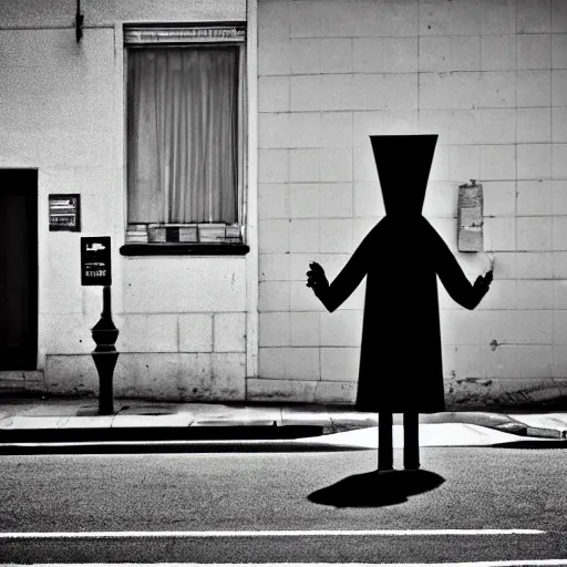 Prompt: the Babadook standing across the street, photograph, black and white