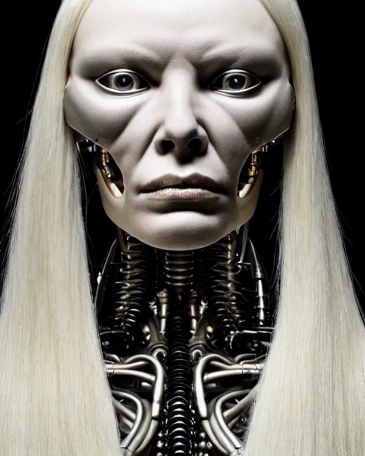 Prompt: a beautiful young female cyborg profile face, by h. r. giger, by kiki smith, glamor shot, nikon d 7 5 0, closeup, f / 2. 8, low contrast, 1 6 k, rim lighting, cinematic lighting, insanely detailed and intricate, hypermaximalist, elegant, ornate, hyper realistic, super detailed