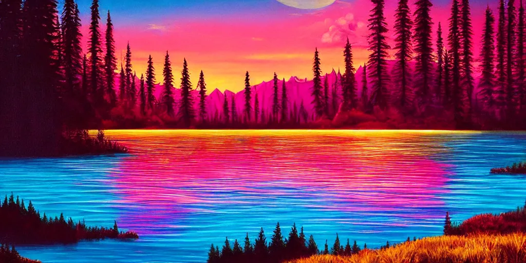 Image similar to beautiful award winning synthwave painting of a canadian lake, extreme detail, digital art, 4 k, ultra hd