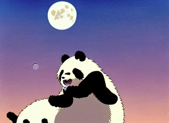 Prompt: a still from a studio ghibli movie of a cartoon panda demon from princess mononoke ( 1 9 9 7 ), in front of a pale full moon, full body, wide shot, very dull muted colors, studio ghibli, highly detailed, deviantart, art by artgem