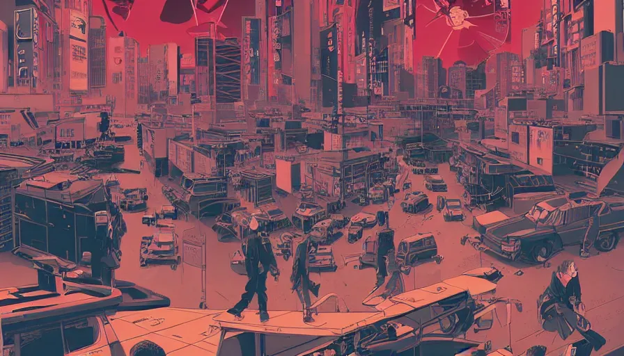 Prompt: Poster Illustration of neo-Tokyo bank robbery movie, Bank Robbery, Anime, Highly Detailed, Special Forces Security, Searchlights, Boat Dock, Special Agent, Water, Akira Color Palette, Inspired by Akira + MGS2 + FLCL, 8k :4 by Vincent Di Fate + Arc System works + Katsuhiro Otomo : 8