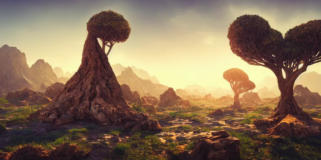 Image similar to Lively landscape of a socotra island filled with socotra dragon trees, realistic detailed digital art by Maxwell Boas Jessica Rossier Christian Dimitrov Anton Fadeev trending on Artstation CGSociety rendered in Unreal Engine 4k HQ